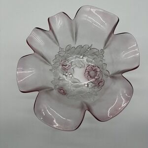 Vintage Frosted Pink Glass Ruffled Rose Floral Embossed Scalloped Edge Bowl 9.5"